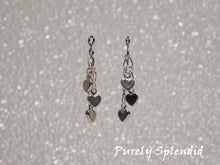 Load image into Gallery viewer, three dangling silver colored hearts make up these pretty Dangling Heart Earrings
