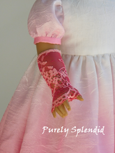 Load image into Gallery viewer, 18 inch doll wearing a pair of Lacy Pink Fingerless Gloves
