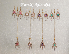 Load image into Gallery viewer, four color choices of these Dazzling Maang Tikks with matching earrings
