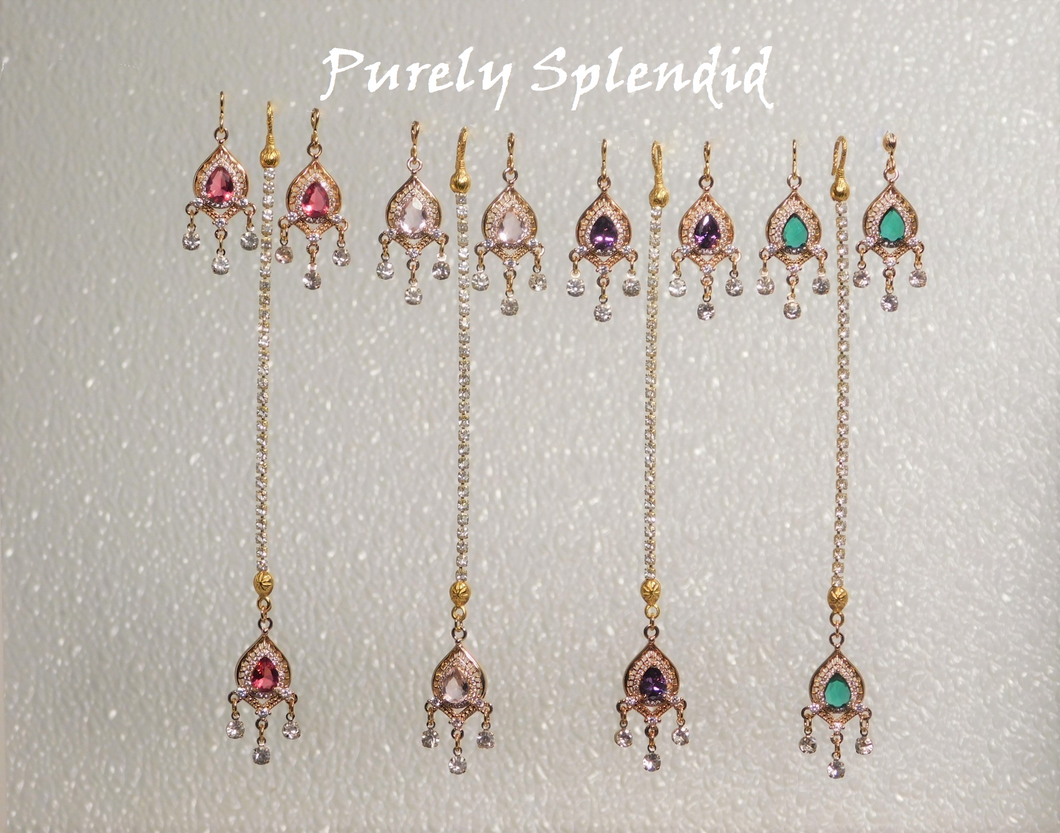 four color choices of these Dazzling Maang Tikks with matching earrings