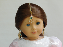 Load image into Gallery viewer, 18 inch doll shown wearing an Emerald Green Maang Tikka with matching earrings

