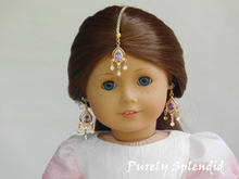 Load image into Gallery viewer, 18 inch doll shown wearing purple Maang Tikks and matching earrings

