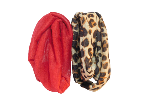 Deep Rust and Animal Print Infinite Scarves shown on a white background
