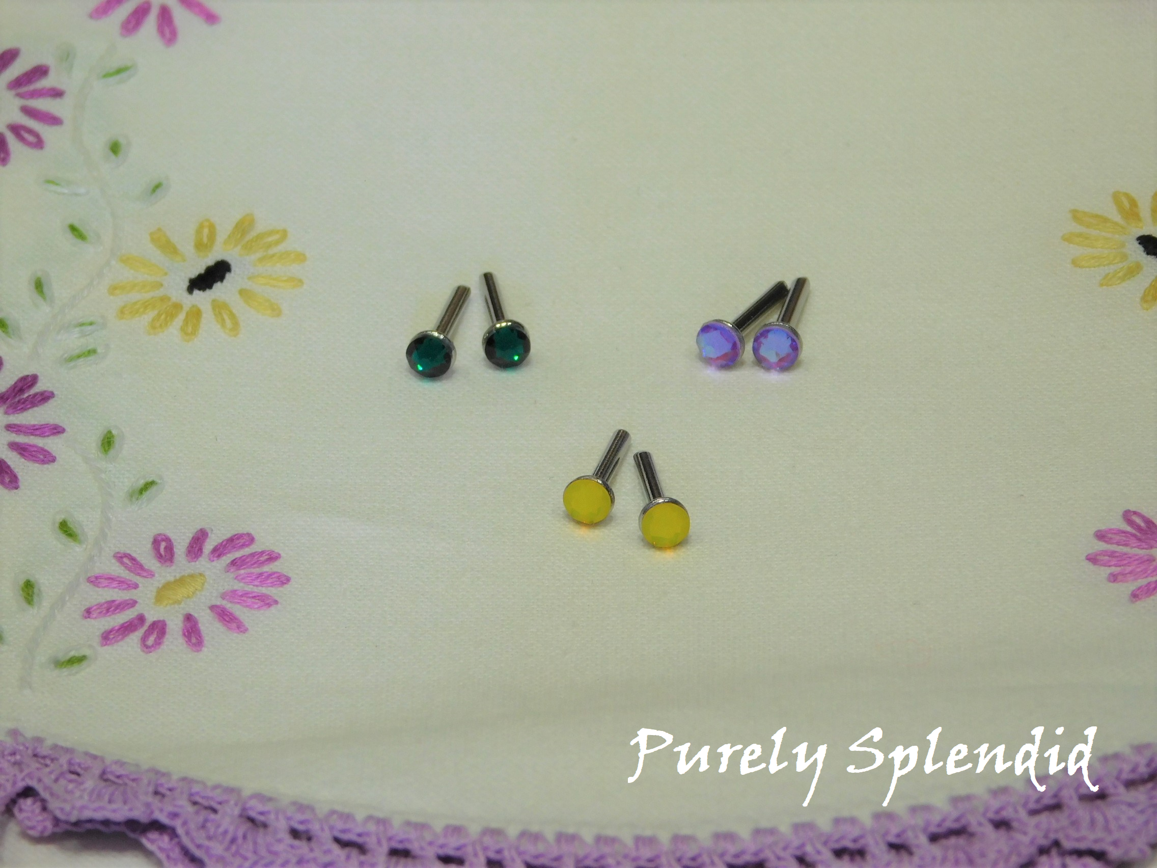 set of 3 pairs of 2mm studs Electric Violet Delight, Emerald and Yellow Opal for dolls