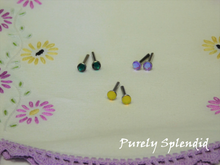 Load image into Gallery viewer, set of 3 pairs of 2mm studs Electric Violet Delight, Emerald and Yellow Opal for dolls
