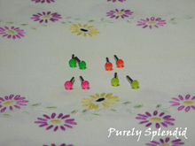 Load image into Gallery viewer, 4 pairs of 2mm studs, Electric Yellow, Electric Orange, Electric Pink and Electric Green on a white floral background
