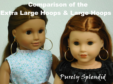 Load image into Gallery viewer, two 18 inch dolls one wearing a pair of Extra Large Golden Hoop Dangles and the other doll wearing a pair of Large Gold Hoops for comparision
