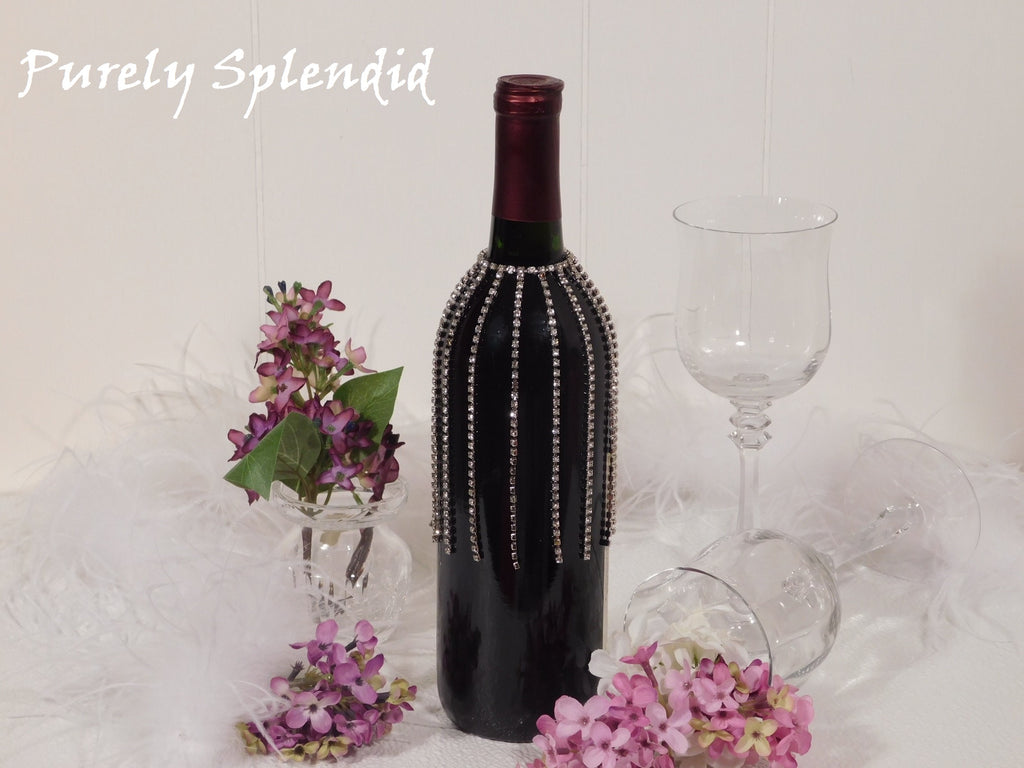 Sparkling Falling Rhinestone Bottle Bling shown on a standard size dark wine bottle