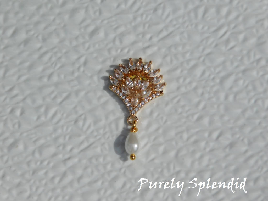 crystal Dazzling Fan Brooch with teardrop pearl dangle