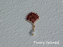 Load image into Gallery viewer, Dazzling Fan Brooch in red with teardrop pearl dangle
