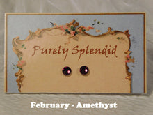 Load image into Gallery viewer, a pair of February Birthstone Amethyst Studs for 18 inch dolls
