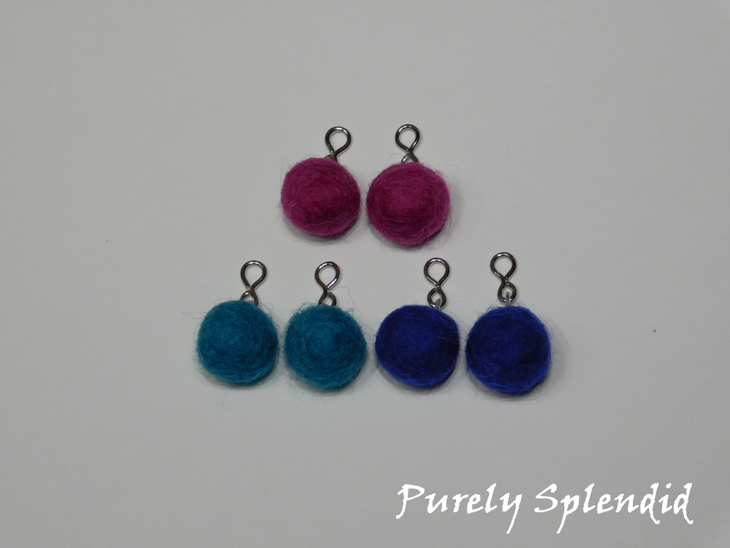 Three pairs of Felt Wool Ball Earrings in cool color choices - Magents, Teal and Royal Blue
