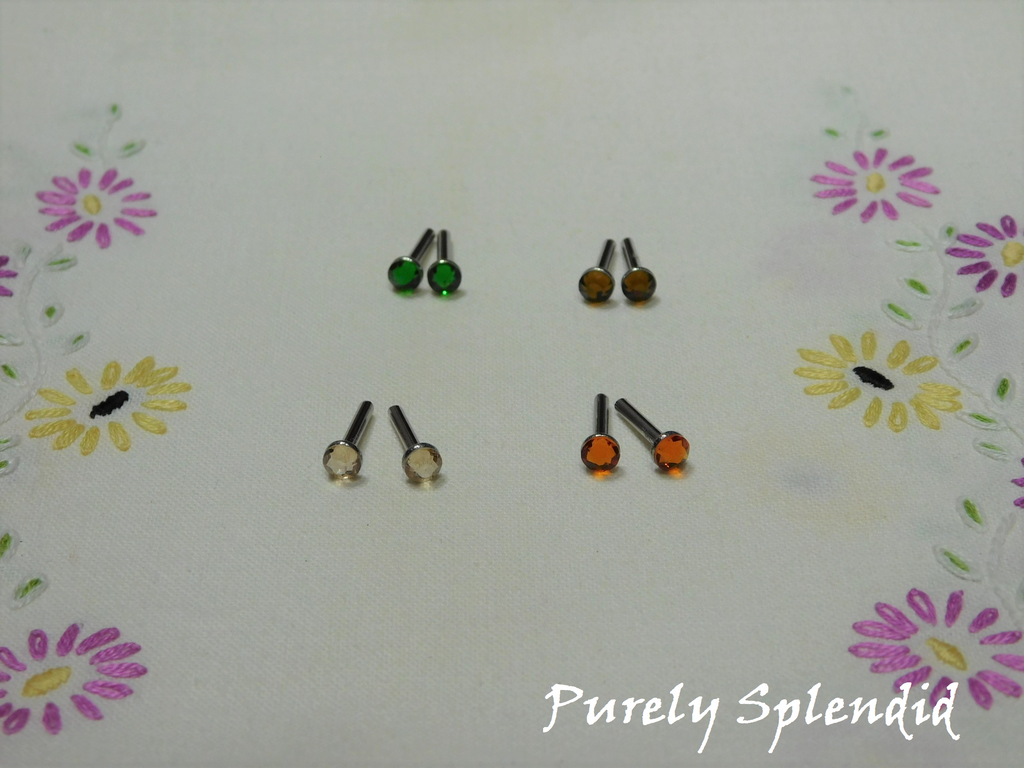 Set of four Earthy Crystal Stud Earrings, Fern Green, Honey, Smoked Topaz and Tangerine for dolls