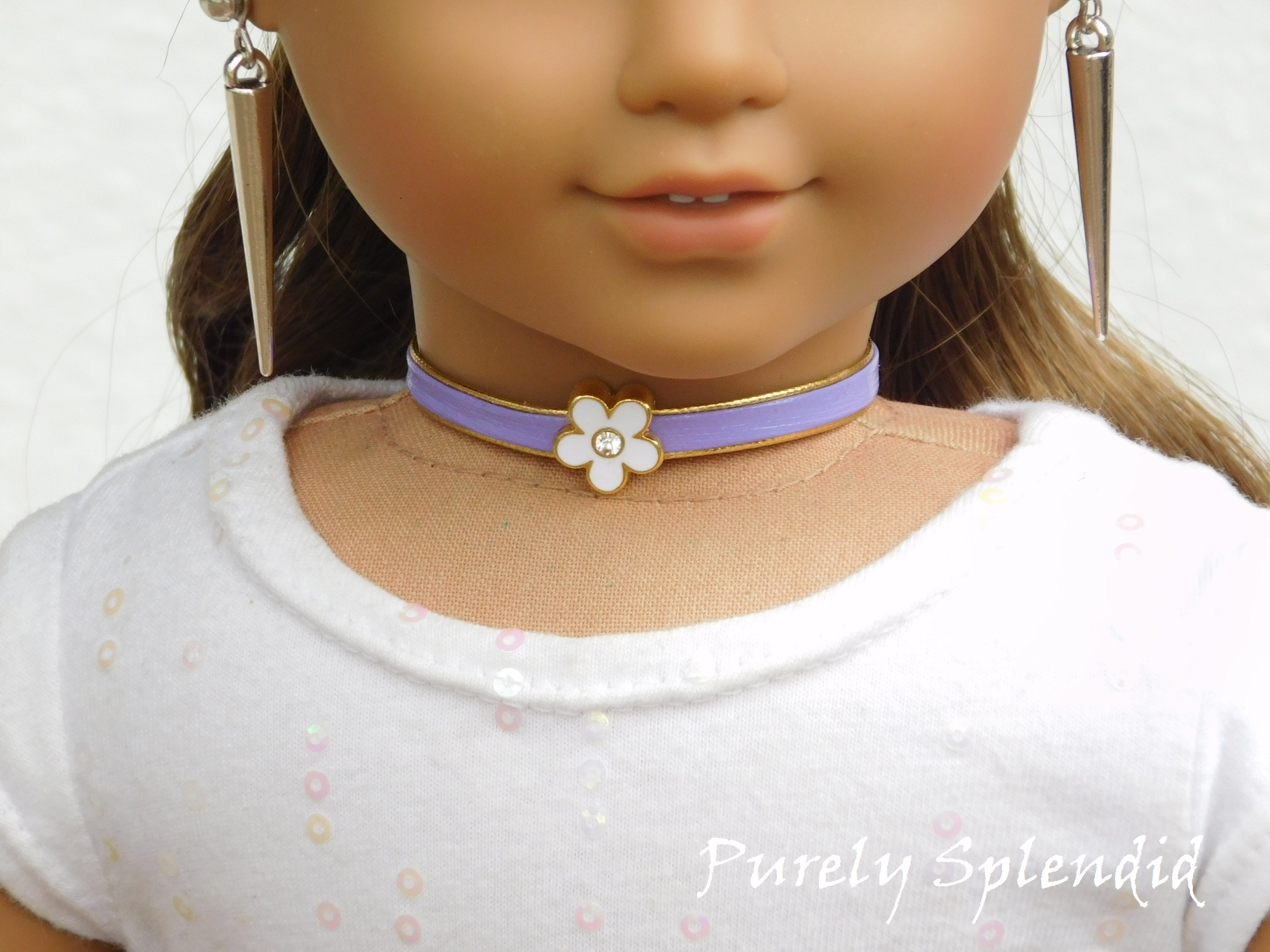 18 inch doll wearing a Purple Flower Choker
