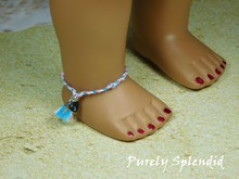 Load image into Gallery viewer, Pink and Blue Friendship Bracelet shown on an 18 inch doll ankle

