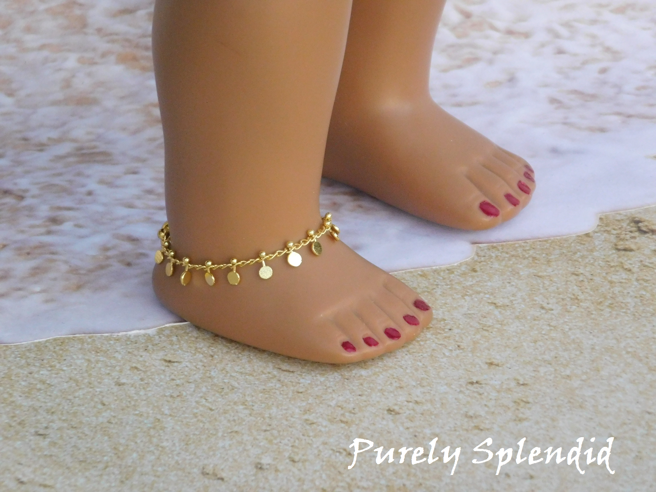 Gold Boho Ankle Bracelet shown on an 18 inch doll who has an 4 3/8" ankle