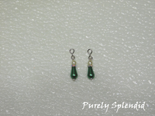 Load image into Gallery viewer, one pair of green Holiday Pearl Earring - green pear shaped pearl bead topped with a thin sparkling bead and large round white pearl bead
