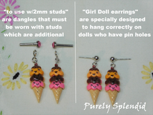 Load image into Gallery viewer, two types of earrings shown- &quot;to use with 2mm studs&quot; are dangles that must be worn with studs which are additional. &quot;Girl Doll earrings&quot; are specially designed to hang correctly on dolls who whave pin holes.
