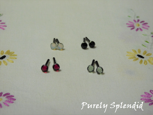 Bold crystal 2mm stud earrings for 18 inch girl doll in jet black, ruby red, white opal, and black diamond, set of 4 pairs, American made | Purely Splendid