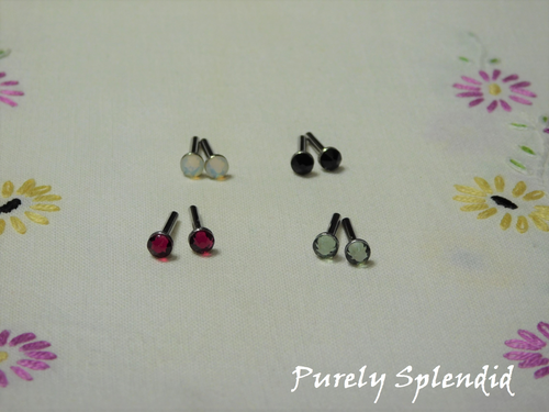 Four pairs Sparkling crystal 2mm stud earrings in Jet Black, Ruby Red, White Opal and Black Diamond for 18 inch dolls