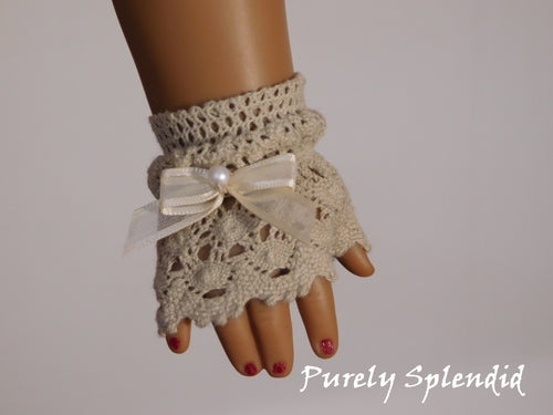 short Lacy Beige Fingerless Gloves with beige bow with a pearl center