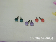 Load image into Gallery viewer, Lilac, Light Coral and Royal Green Sparkling Crystal 2mm Stud Earrings shown on a white background
