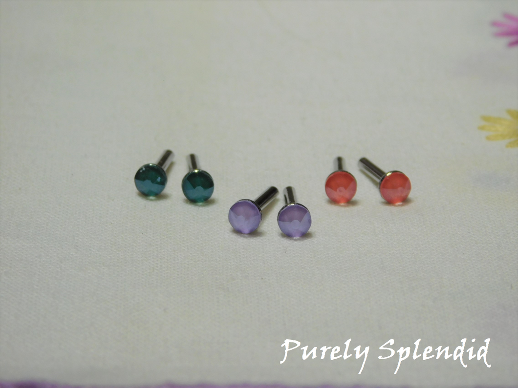 Lilac, Light Coral and Royal Green Sparkling Crystal 2mm Stud Earrings shown on a white background