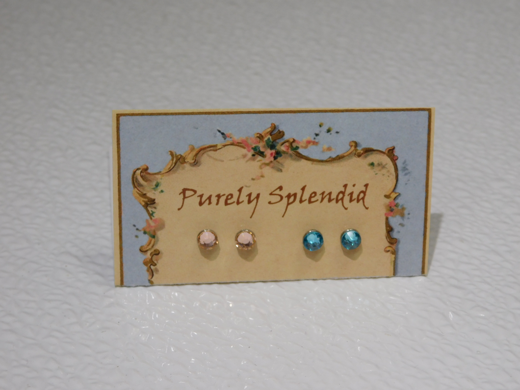 Light Turquoise and Light Peach Sparkling 2mm stud earrings shown on a Purely Splendid presentation card