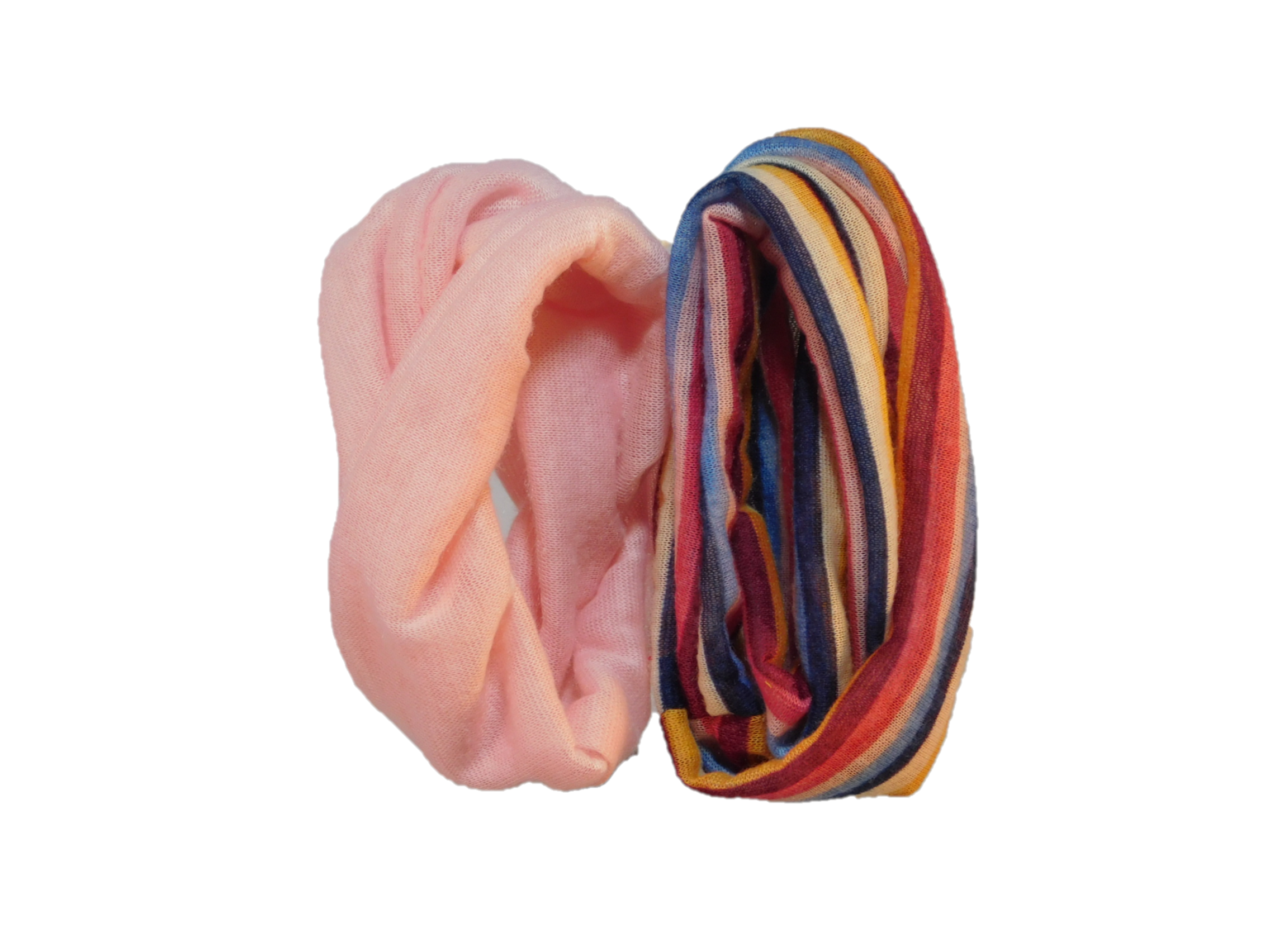 Light Pink and Multicolored Striped Infinite Scarves shown on a white background