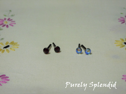 Light Sapphire Shimmer and Siam Sparkling crystal stud earrings on 18 inch girl doll American made | Purely Splendid

