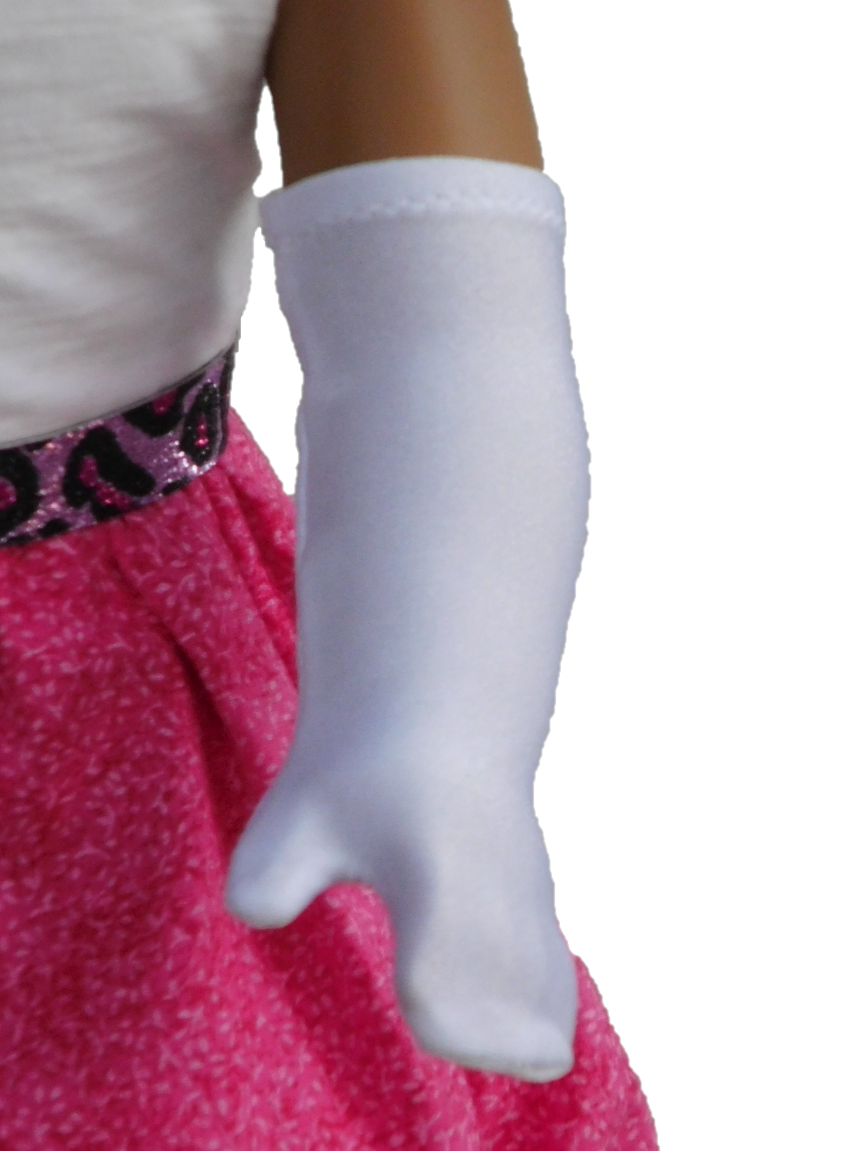 Long White Gloves shown on the hand of an 18 inch doll