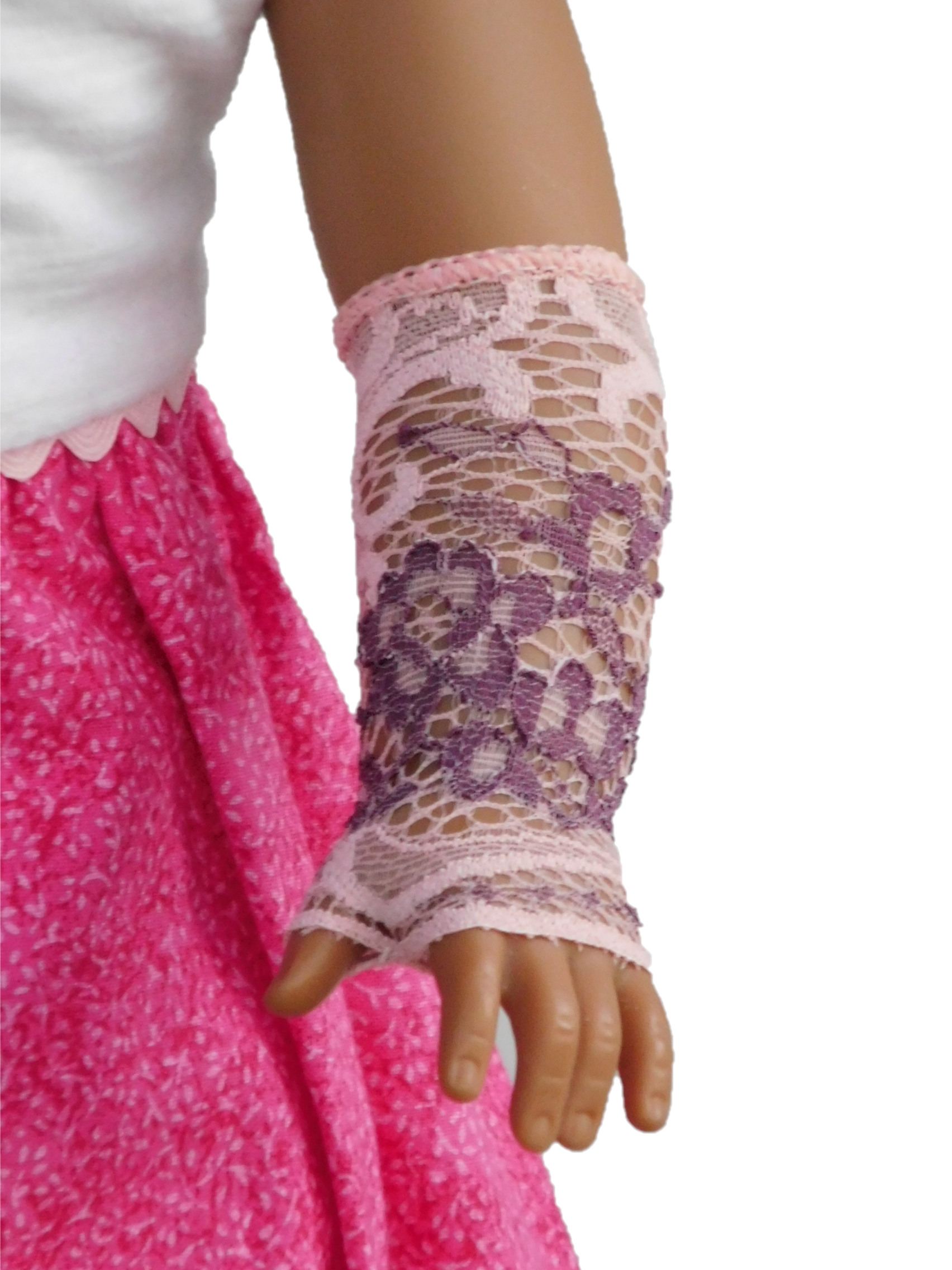 18 inch doll wearing Light Pink and Mauve Fingerless Gloves