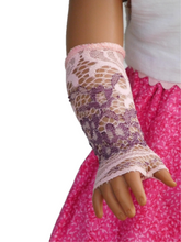 Load image into Gallery viewer, 18 inch doll wearing Light Pink and Mauve Lacy Fingerless Gloves
