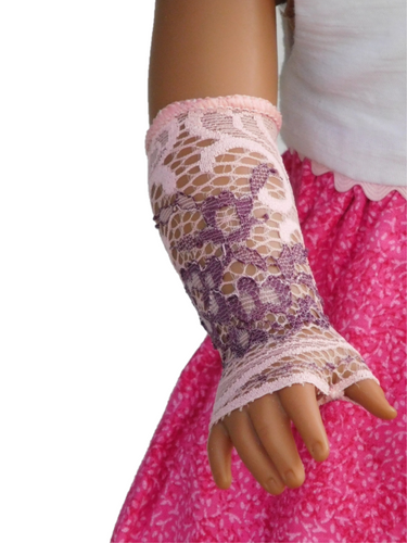 18 inch doll wearing Light Pink and Mauve Lacy Fingerless Gloves