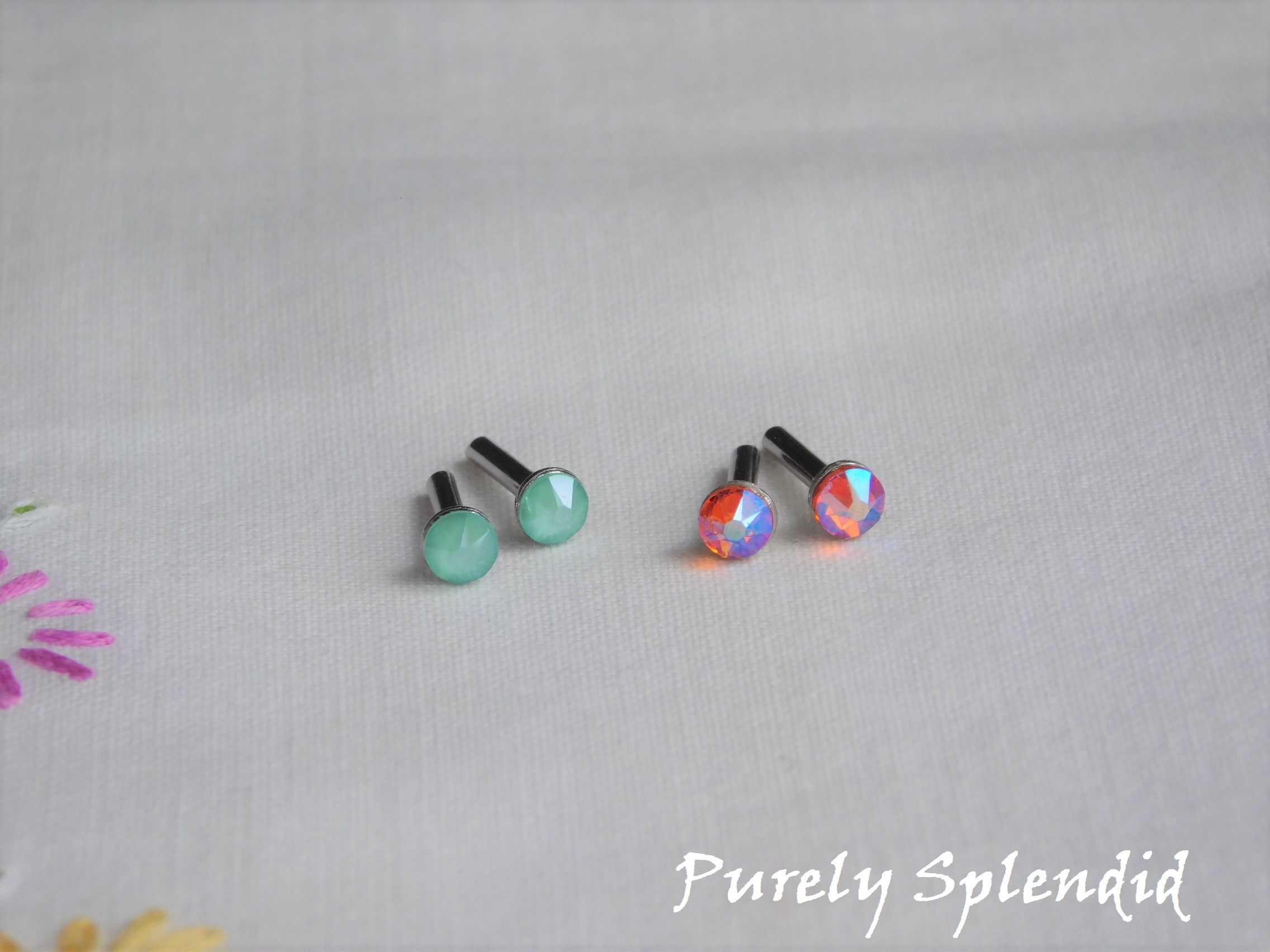 Mint Green and Tangerine Shimmer Sparkling 2mm Stud Earrings for dolls
