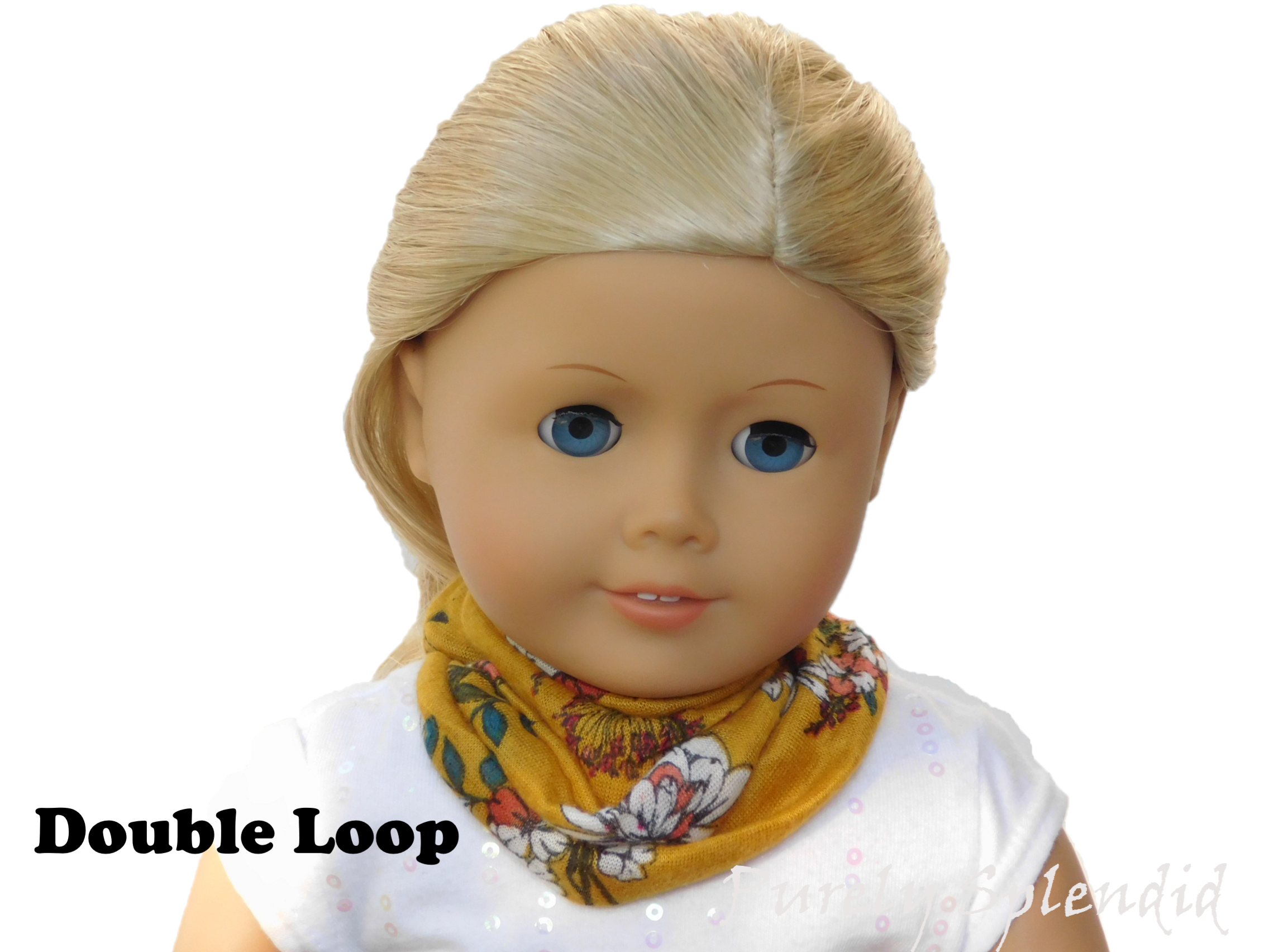 Mustard Floral Infinite Scarf worn as a Double Loop on an 18 inch doll