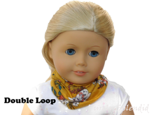 Load image into Gallery viewer, Mustard Floral Infinite Scarf worn as a Double Loop on an 18 inch doll

