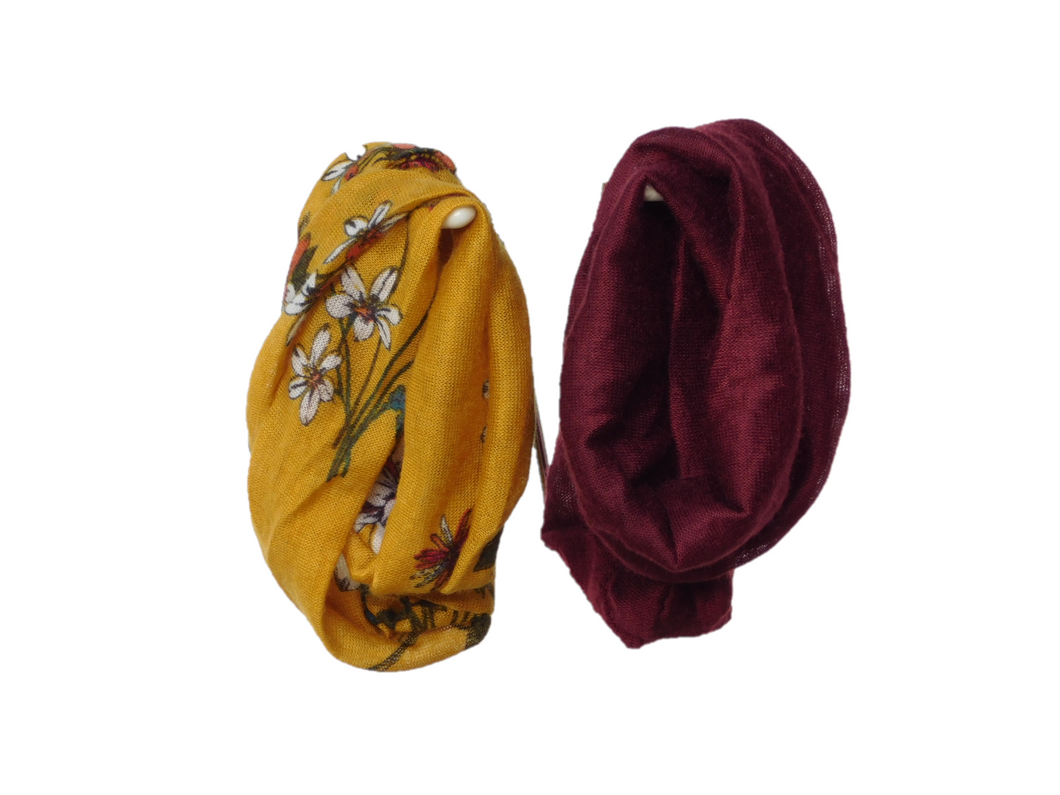 Mustard Floral and Burgundy Scarves shown on a white background