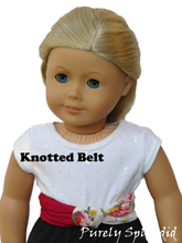 Load image into Gallery viewer, Off White Floral and Chilli Red Infinite Scarves shown worn as a Knotted Belt on an 18 inch doll
