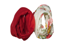 Load image into Gallery viewer, Off White Floral and Chilli Red Infinite Scarves shown on an American Girl Doll
