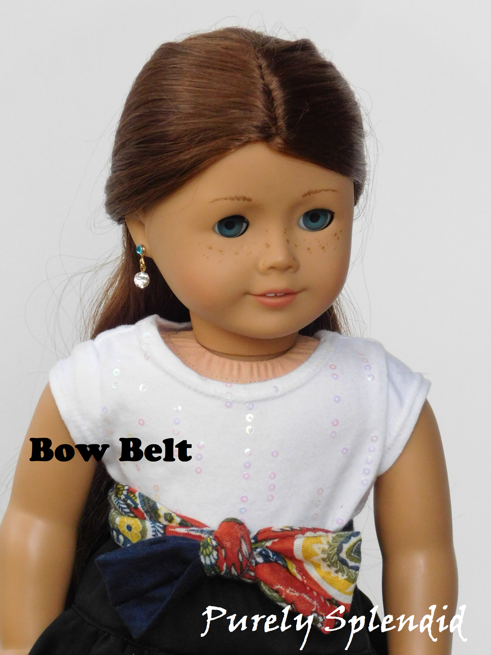Orange Floral and Navy Infinite Scarves worn as a Bow Belt on an 18 inch doll