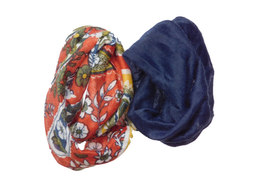 Orange Floral and Navy Infinite Scarves shown on a white background