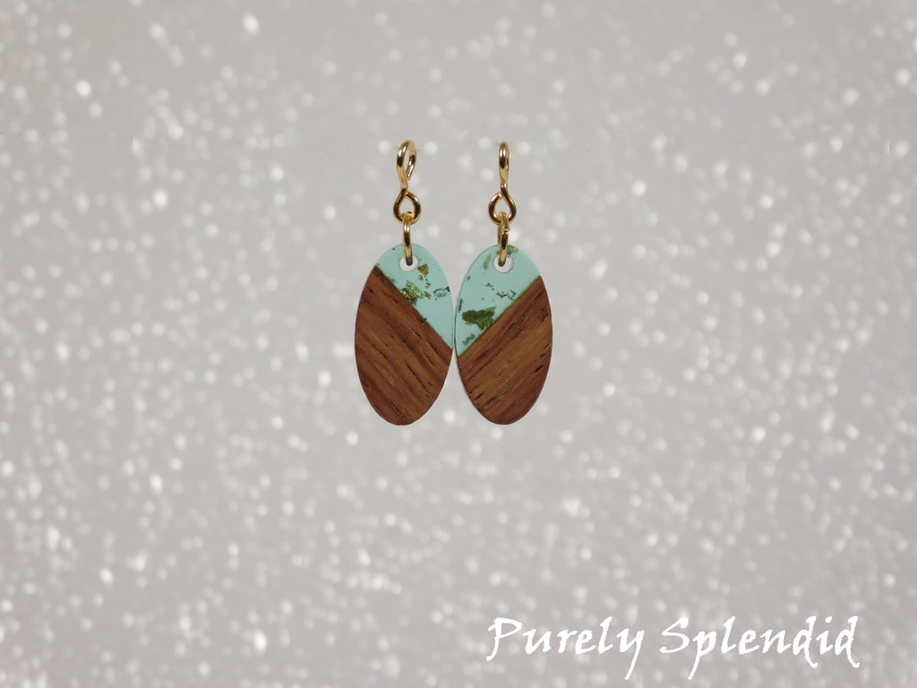 Teal Mist Oval Resin & Wood Earrings for dolls