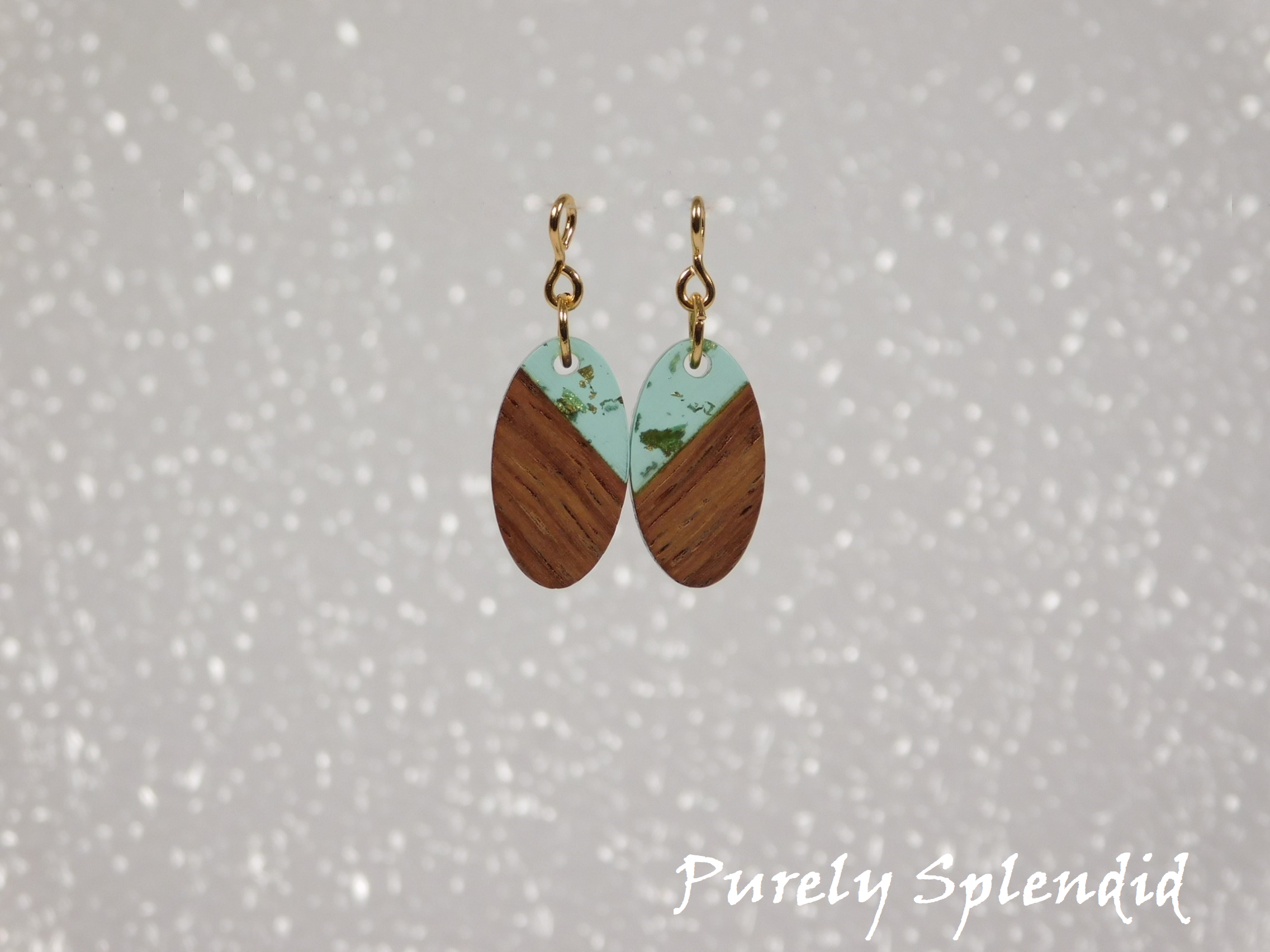 Teal Mist Oval Resin & Wood Earrings for dolls
