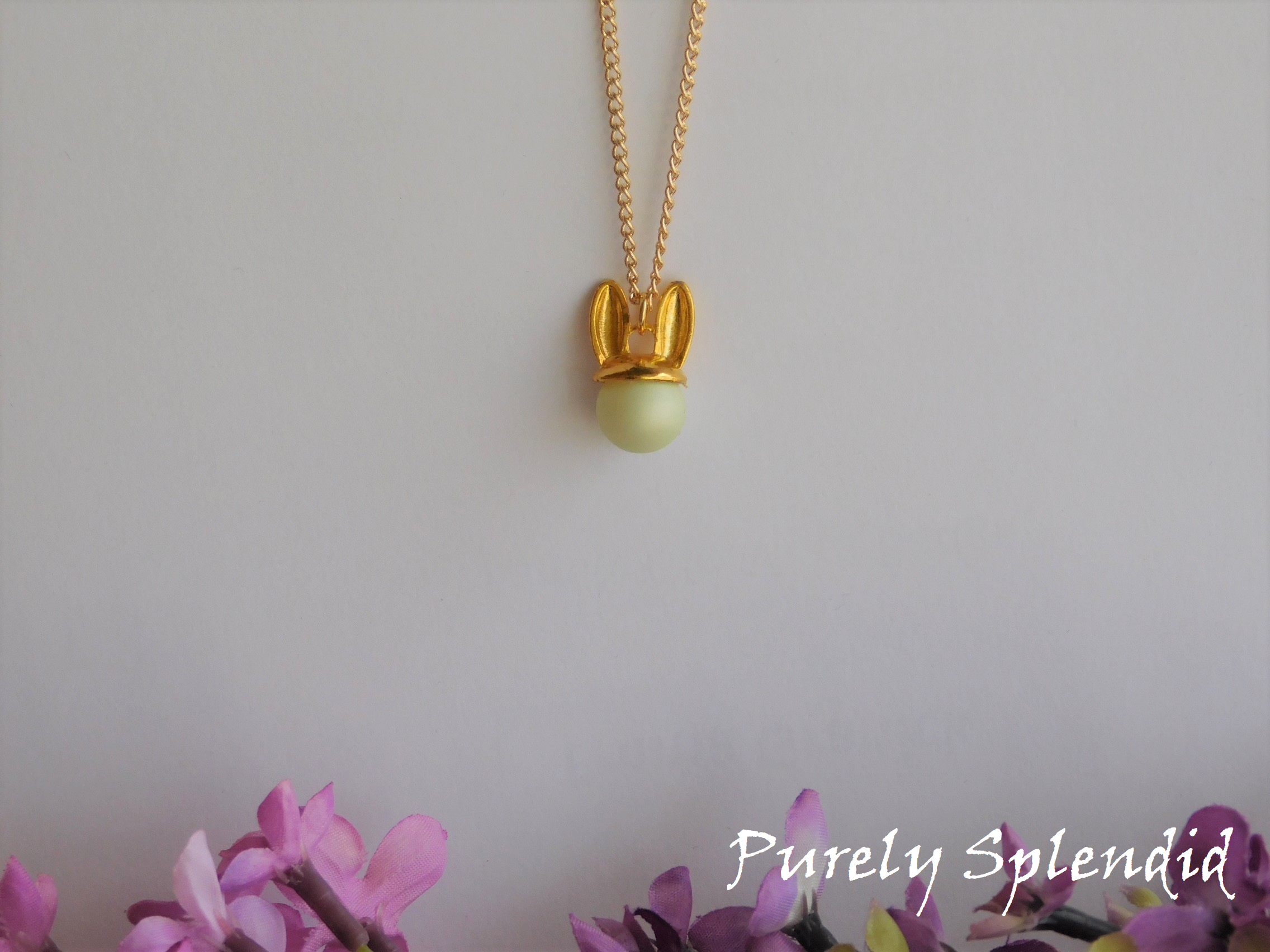 Spring green pastel bunny necklace for 18 inch dolls - American made Easter jewelry with gold bunny charm