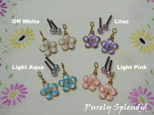 Load image into Gallery viewer, Four color choices - Off White, Lilac, Light Aqua and Light Pink. Flower earrings include a pair of 2mm studs
