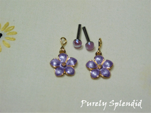 Load image into Gallery viewer, Lilac Pastel Flower Earrings with a pair of coordinating 2mm stud earrings

