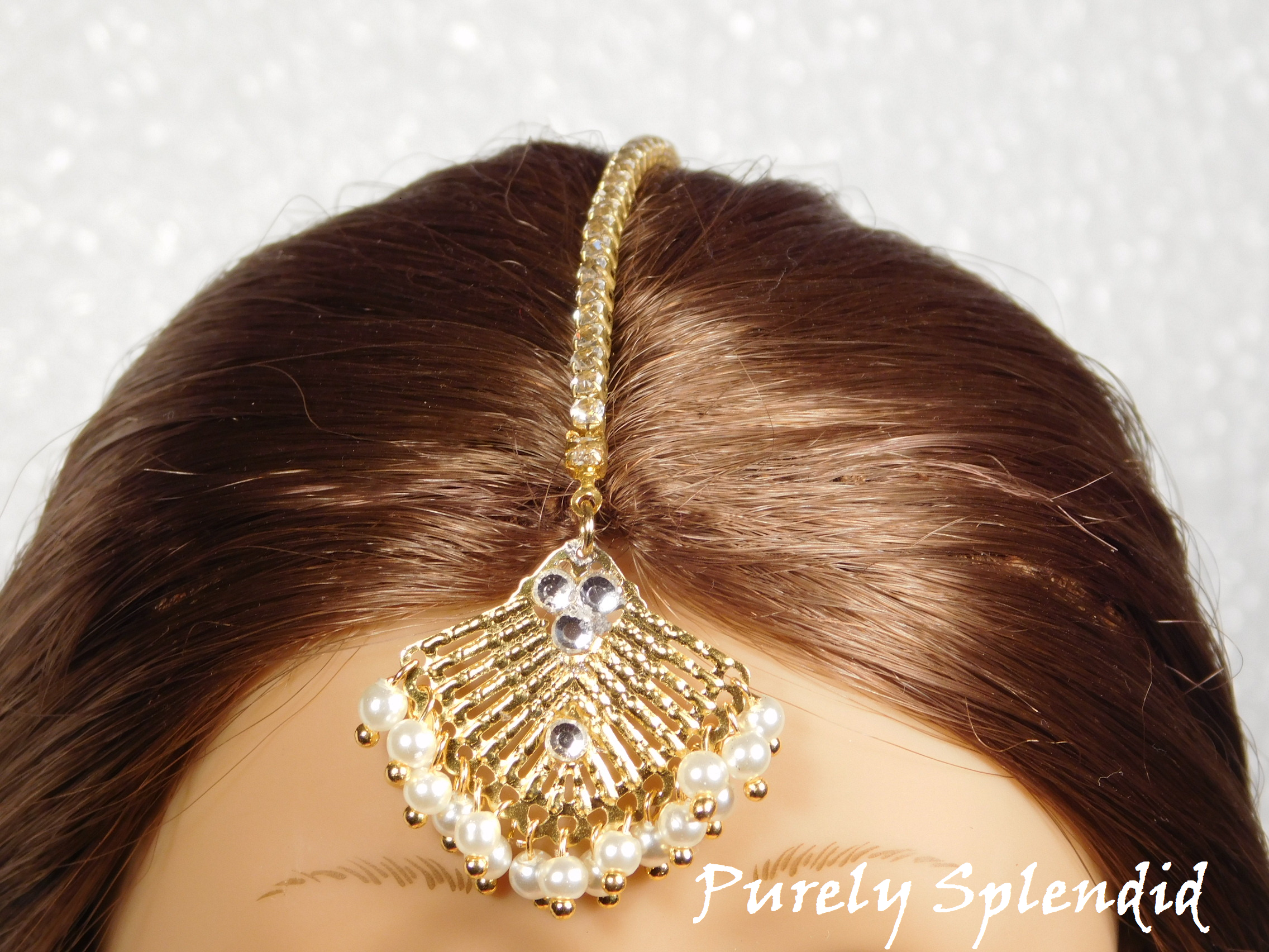 18 inch doll shown wearing the Pearl Bollywood Maang Tikka- looks best on a doll with her hair in a center part