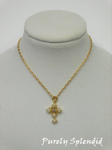 Pearl Cross Necklace on a gold chain