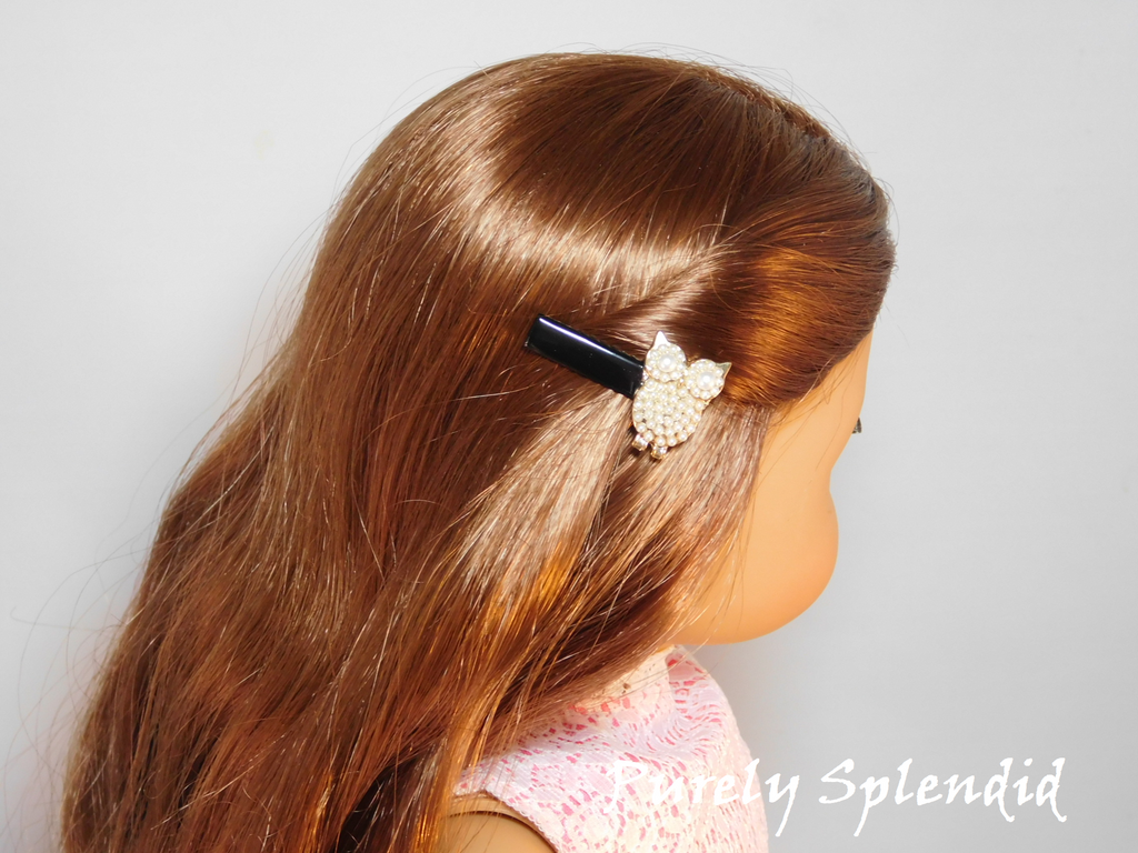 Pearl Owl Hair Clip shown on an 18 inch doll
